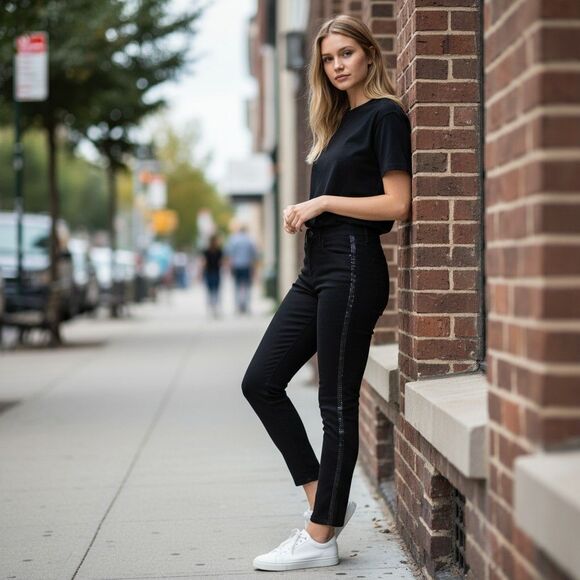 L'Agence Margot High Rise Skinny Jeans Black Rhinestone Tuxedo Side Stripe 25 - Picture 2 of 13